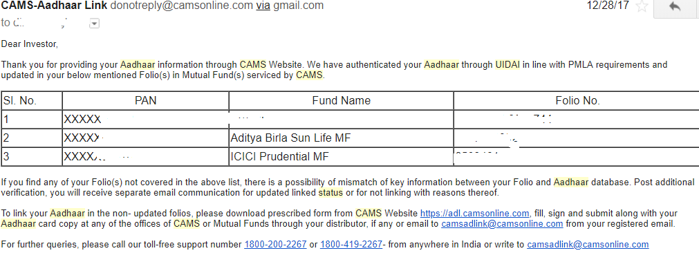 mutual fund aadhaar card linking status